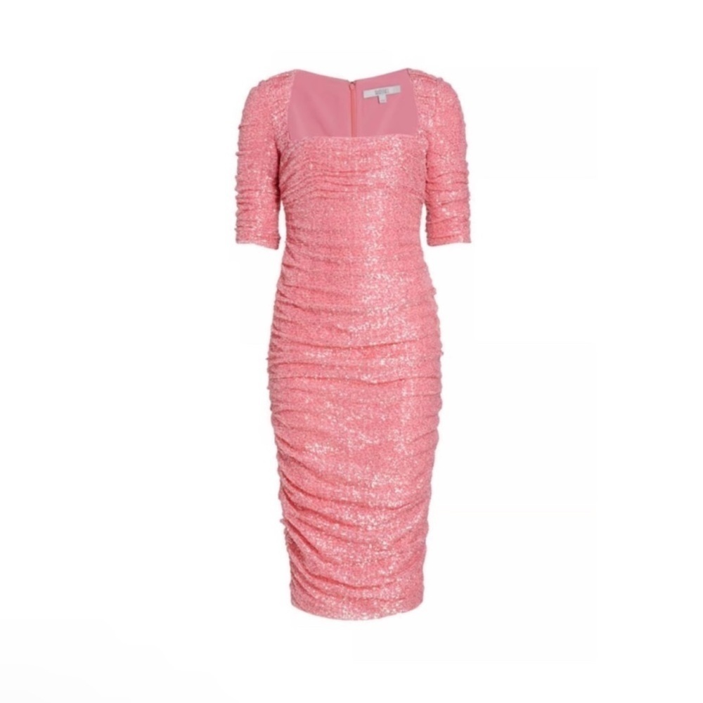 Badgley Mischka Ruched Sequin Cocktail Dress Bubblegum Pink 4 Party Wedding
